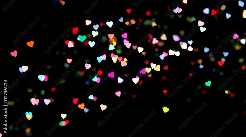 Colorful bokeh hearts are floating on a black background, creating a dreamy and romantic atmosphere, perfect for valentine's day or any love-themed project Colorful bokeh hearts are floating on a black background, creating a dreamy and romantic atmosphere, perfect for valentine's day or any love-themed project