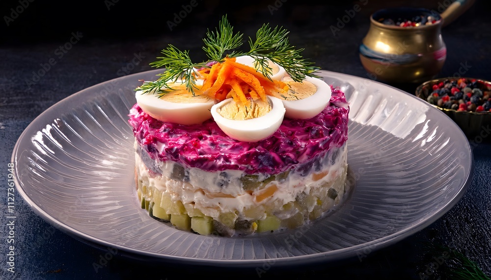 A traditional Russian dish 'Herring under a fur coat' with layers of salted herring, grated boiled vegetables, mayonnaise, and topped with grated boiled eggs A traditional Russian dish 'Herring under a fur coat' with layers of salted herring, grated boiled vegetables, mayonnaise, and topped with grated boiled eggs