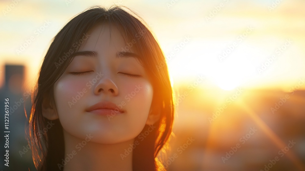 Woman Enjoying the Moment with Closed Eyes in Symmetrical Medium Shot Against Blurred City Woman Enjoying the Moment with Closed Eyes in Symmetrical Medium Shot Against Blurred City