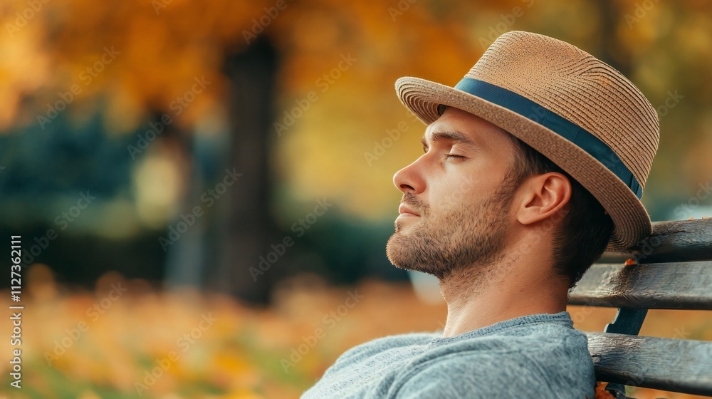 Relaxed Man Napping on Park Bench in Autumn Relaxed Man Napping on Park Bench in Autumn