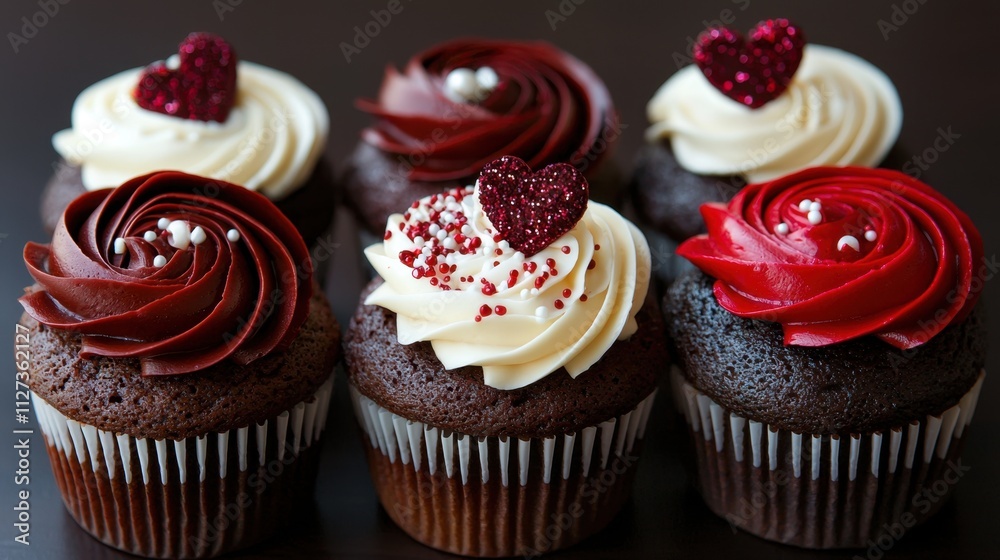 A row of cupcakes with red frosting and white frosting on top A row of cupcakes with red frosting and white frosting on top
