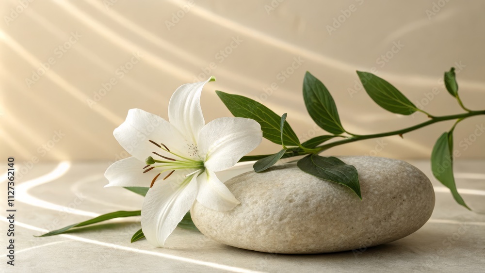 Serene White Lily and Stone Minimalist Composition, Soft Light, Spa Concept, Lily, Spa , zen, serenity Serene White Lily and Stone Minimalist Composition, Soft Light, Spa Concept, Lily, Spa , zen, serenity