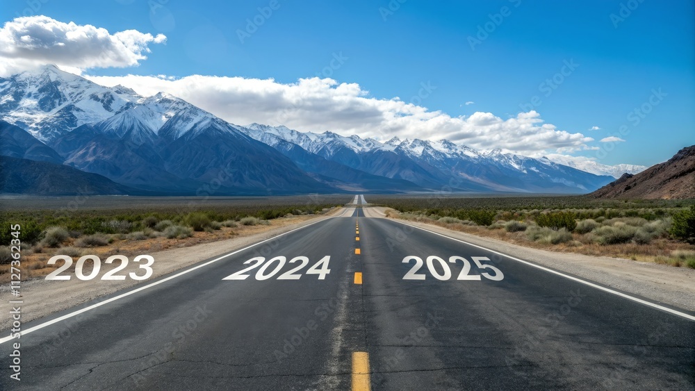 Fototapeta premium Road to 2025 Asphalt Highway, Snowy Mountains, Future Concept, New Year New Year, Future Planning