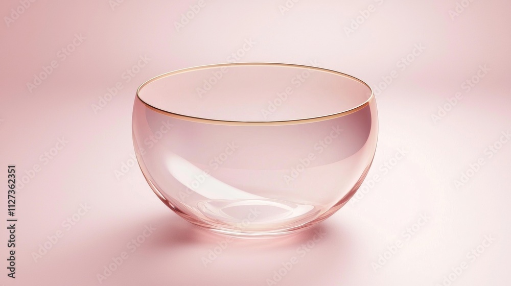 Pink glass bowl with golden rim standing on pink background representing minimalist design and offering copy space for culinary or beauty products Pink glass bowl with golden rim standing on pink background representing minimalist design and offering copy space for culinary or beauty products