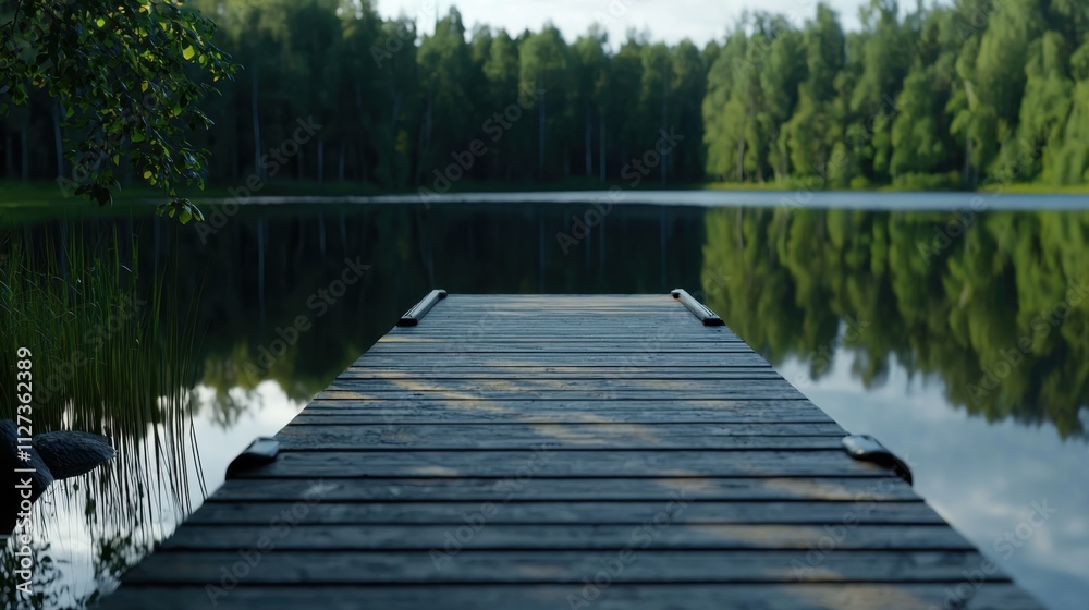 Obraz premium A wooden dock sits on a lake, with the water reflecting the trees and sky