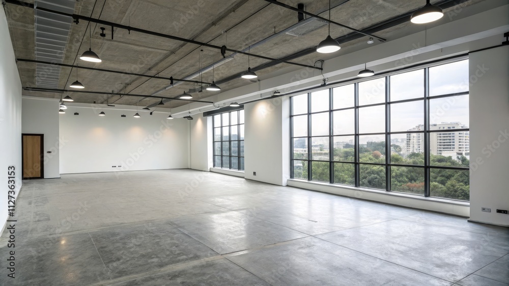 Fototapeta premium Modern Industrial Loft Space Concrete Floor, Exposed Ceiling, Large Window, City View, Minimalist Design industrial design, loft space