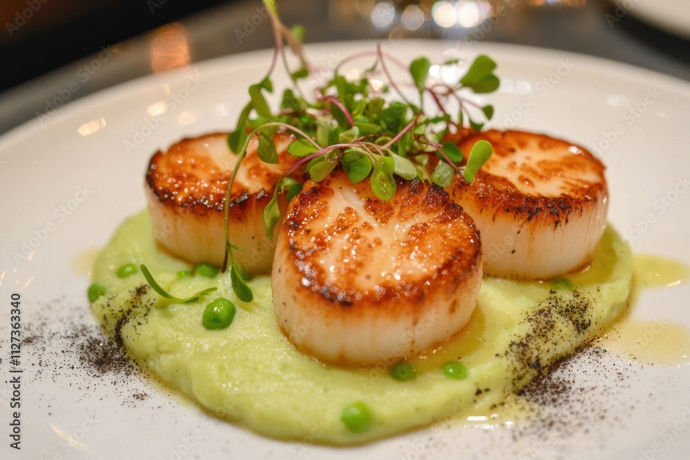 A plate of food with four scallops and a green sauce A plate of food with four scallops and a green sauce