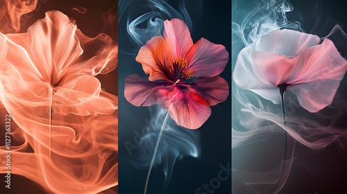 Three Flowers Enveloped in Colorful Smoke