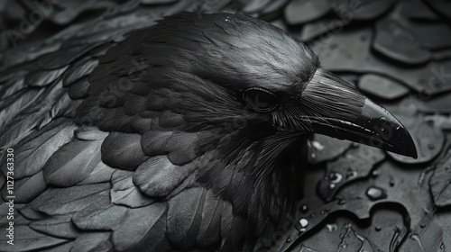 Close-up of a raven's head and neck, resting on a dark, textured surface with water droplets. photo