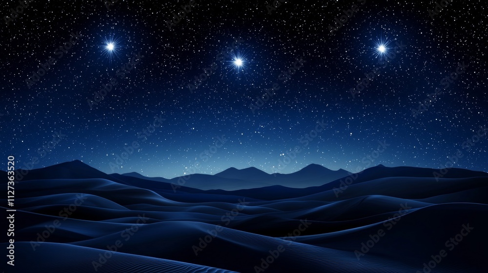 Three bright stars shining in the night sky above a stunning mountain desert landscape, evoking a magical and serene atmosphere filled with wonder and tranquility Three bright stars shining in the night sky above a stunning mountain desert landscape, evoking a magical and serene atmosphere filled with wonder and tranquility