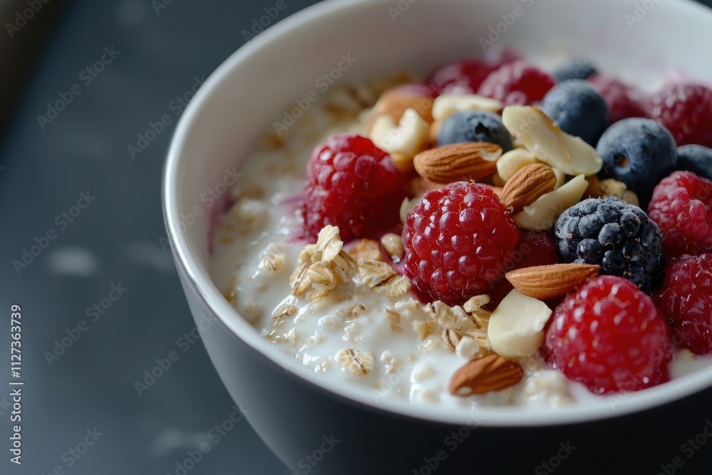 A bowl of oatmeal with blueberries, raspberries, and almonds A bowl of oatmeal with blueberries, raspberries, and almonds