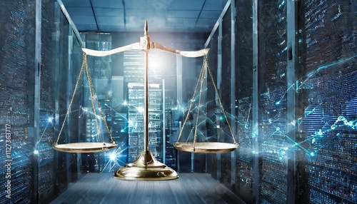 Digital Law Concept Scales of Justice Against a Data Center Background, Illustrating the Duality of Judiciary and Jurisprudence in a Modern Legal Framework photo