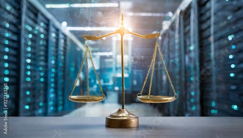 Digital Law Concept Scales of Justice Against a Data Center Background Exploring the Duality of Judiciary and Jurisprudence in the Age of Information Technology photo