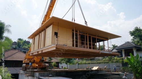 Modern prefabricated house being lifted by crane at construction site