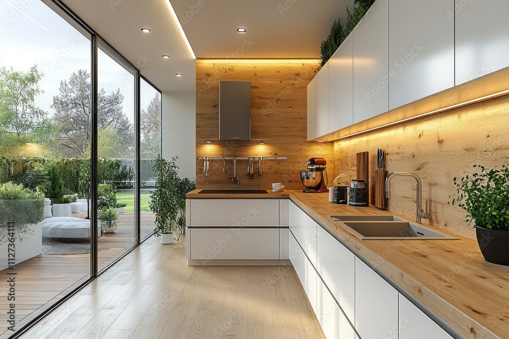 Modern kitchen with wood accents, large window, and garden view.