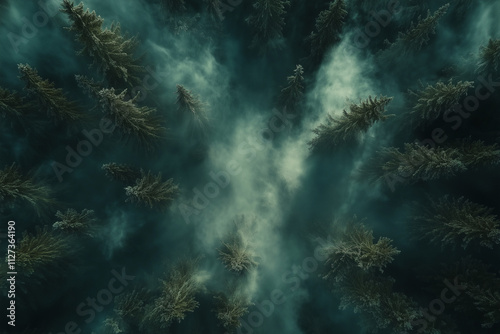 Paesaggio del bosco in montagna d'urante l'autunno con nebbia