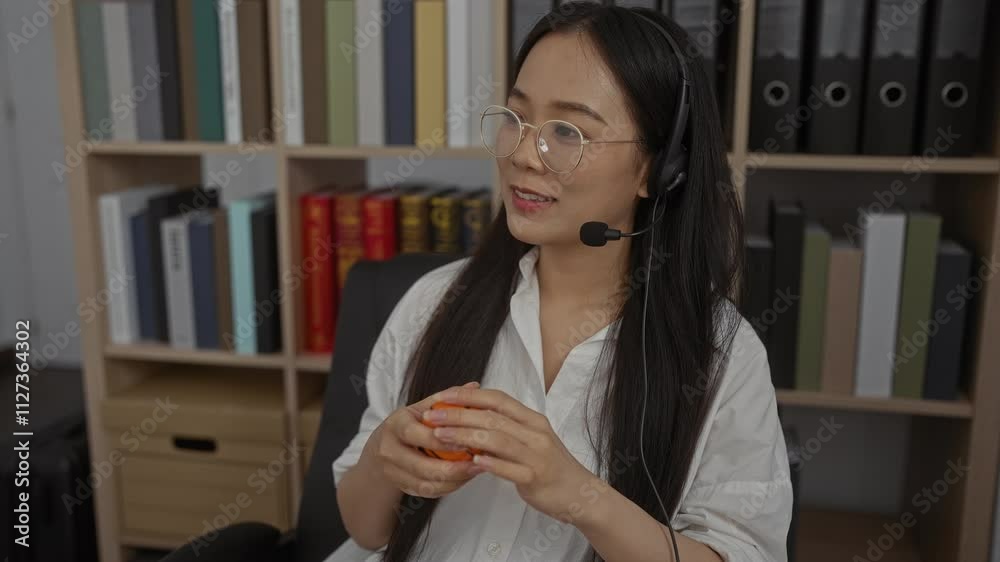 Young chinese woman at the office workplace holding a ball and wearing glasses with bookshelves in the background Young chinese woman at the office workplace holding a ball and wearing glasses with bookshelves in the background
