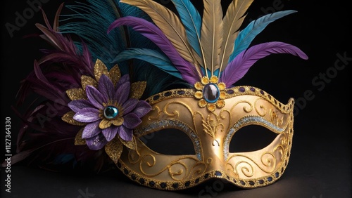 Golden Glitter Venetian Mask with Feathers, Close-up, Dark Background, Carnival,Masquerade Masquerade, Carnival