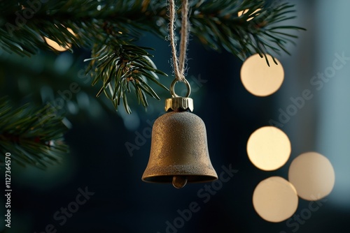 A gold bell hanging from a Christmas tree
