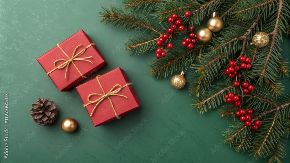 Flatlay Christmas Composition Two Red Gifts, Pine, Berries, Green Background, Gold Ornaments, Festive Season Christmas, Holiday Flatlay Christmas Composition Two Red Gifts, Pine, Berries, Green Background, Gold Ornaments, Festive Season Christmas, Holiday