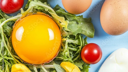 Fresh Ingredients Including Eggs, Vegetables, and Salad Greens photo