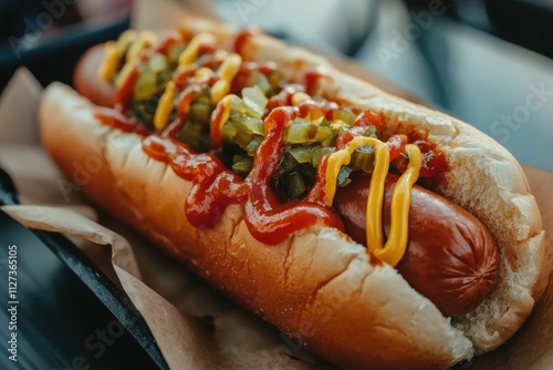 A hot dog with mustard and relish on a bun