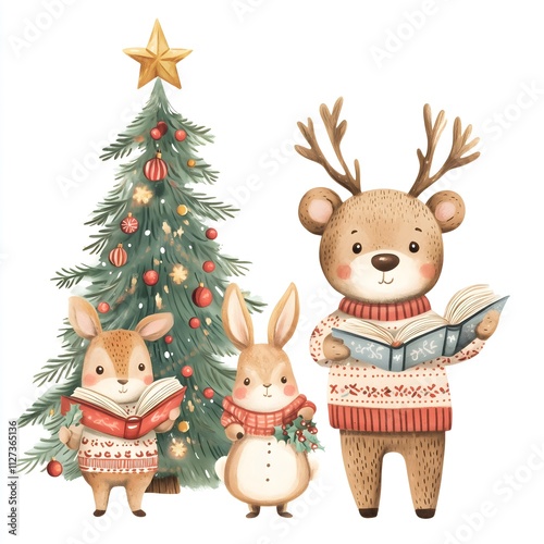A cheerful depiction of a bear, rabbit, and deer dressed in sweaters, celebrating friendship during winter festivities.