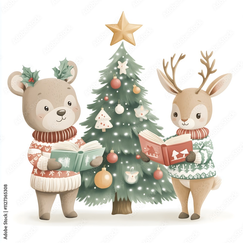 Fototapeta premium A heartwarming scene featuring a bear, rabbit, and deer in cozy sweaters, embodying friendship and winter spirit.