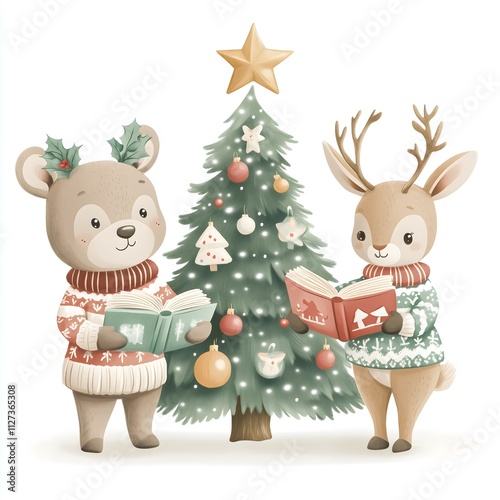 A heartwarming scene featuring a bear, rabbit, and deer in cozy sweaters, embodying friendship and winter spirit.
