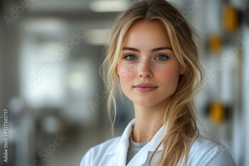 Standing woman in a lab coat, portrayed with subtle lighting and modern styling, perfect for healthcare promotions.