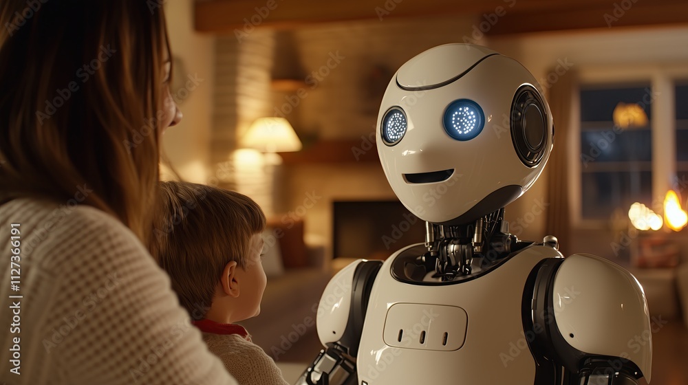 Friendly, humanoid robot butler with a welcoming facial expression ...