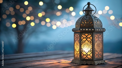 Close-Up of a Lantern with Glowing Filigree Pattern for Ramadan