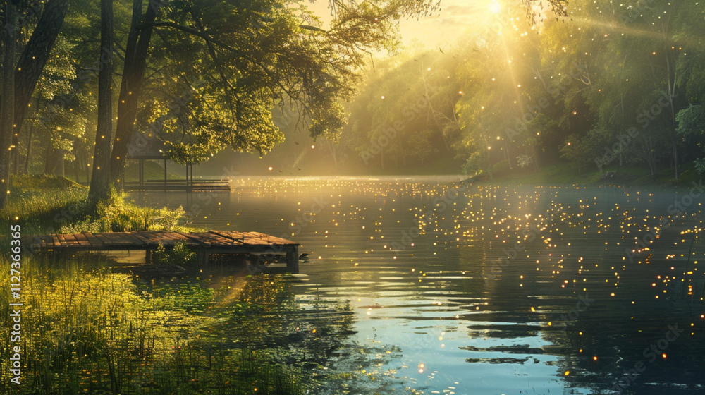 A lake in a forest at sunset A lake in a forest at sunset