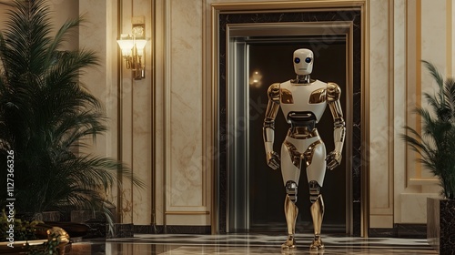 Wallpaper Mural Futuristic, transforming robot butler that can shift between serving guests and performing advanced security/maintenance duties in an exclusive smart hotel lobby Torontodigital.ca