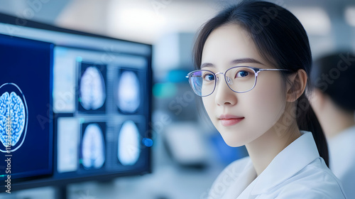 Chinese professionals wearing white coats and glasses work in a laboratory environment. 