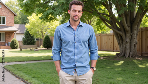 Man enjoying a sunny spring day in a stylish light blue shirt amidst a vibrant garden setting