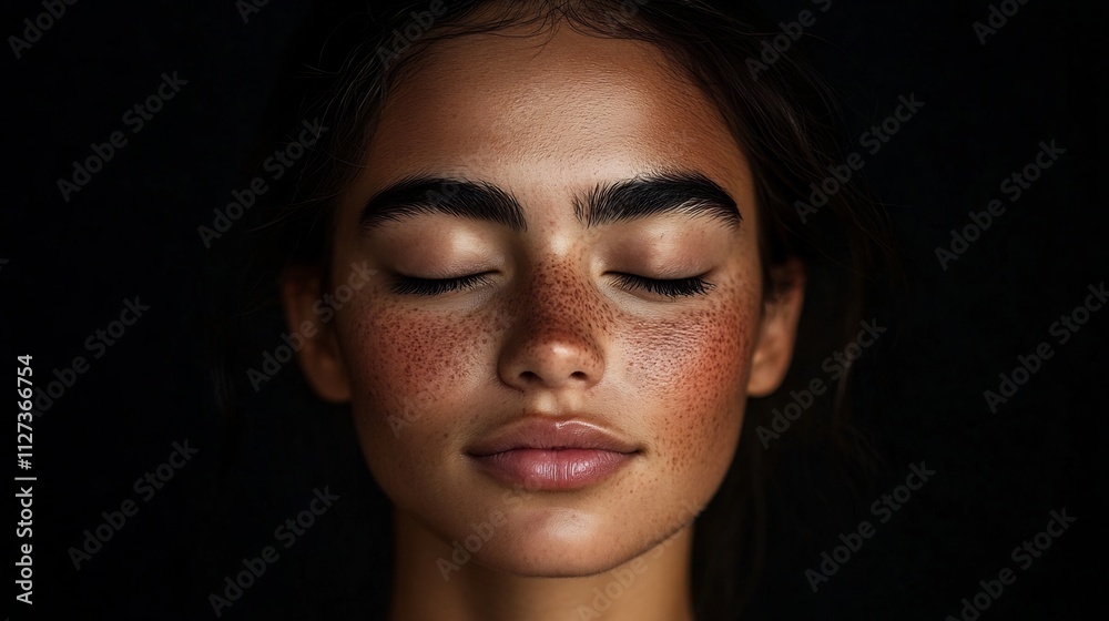 Serene Moment of Contemplation Captivating Portrait of a Dark Haired Woman with Eyes Closed Serene Moment of Contemplation Captivating Portrait of a Dark Haired Woman with Eyes Closed