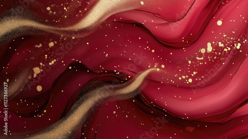 Beautiful Crimson Paint Swirls with Gold Glitter. Contemporary Design Wallpaper. Generative AI. photo