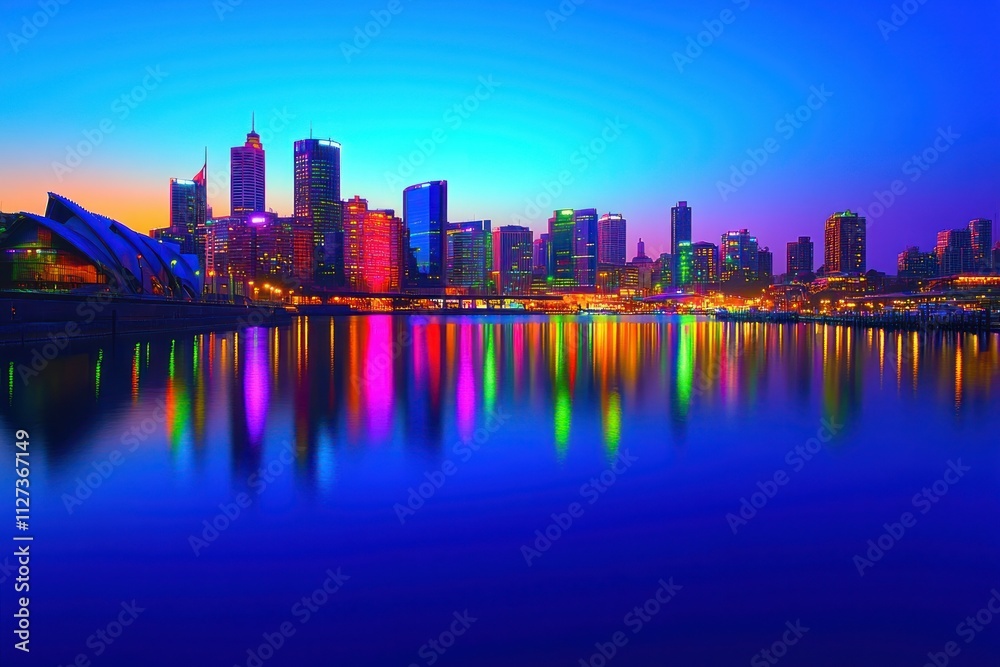 Fototapeta premium Stunning City Skyline at Dusk with Vibrant Neon Colors