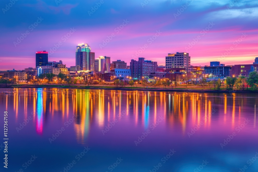 Naklejka premium Vibrant City Skyline at Dusk with Neon Reflections