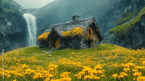 A charming stone cottage surrounded by vibrant yellow flowers and a cascading waterfall in a serene, misty valley, Perfect for nature, travel, or lifestyle themes in photography, marketing, and art, photo