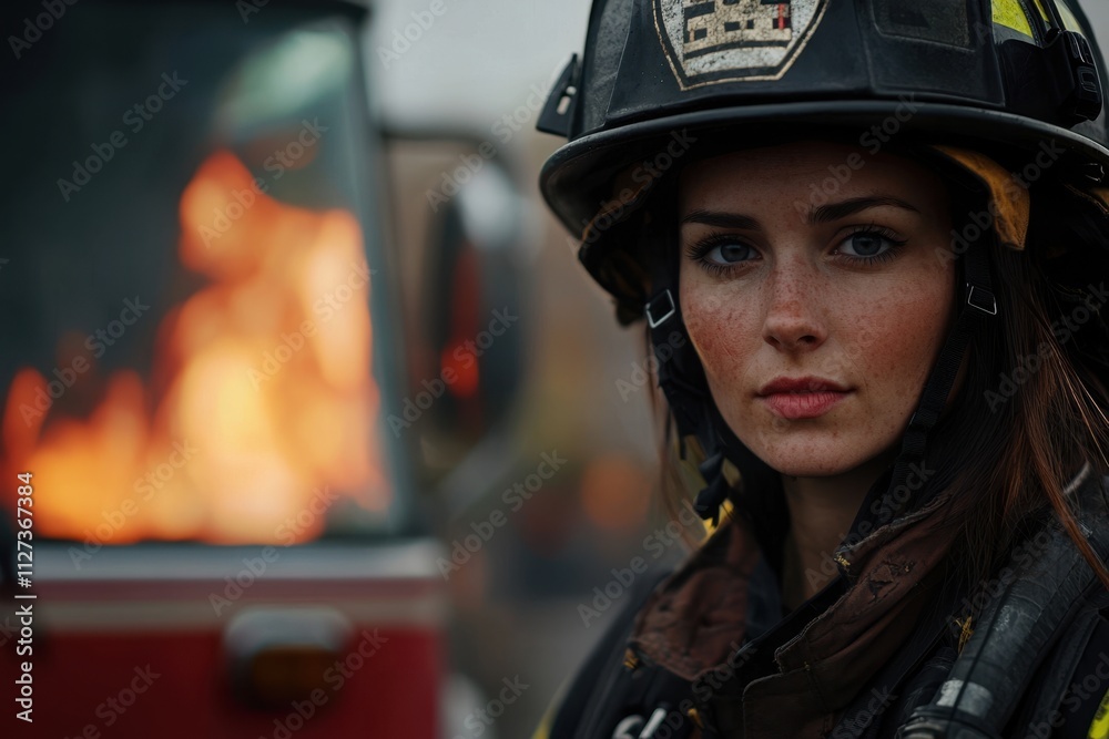 A woman in a fireman's helmet stands in front of a fire truck A woman in a fireman's helmet stands in front of a fire truck