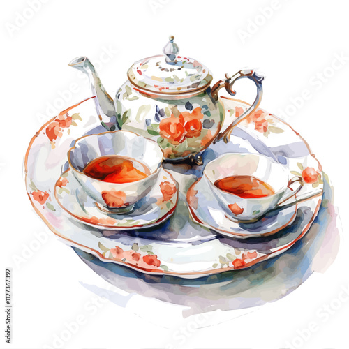 A watercolor clipart of an elegant tea set, isolated on a white background. Elegant tea vector.