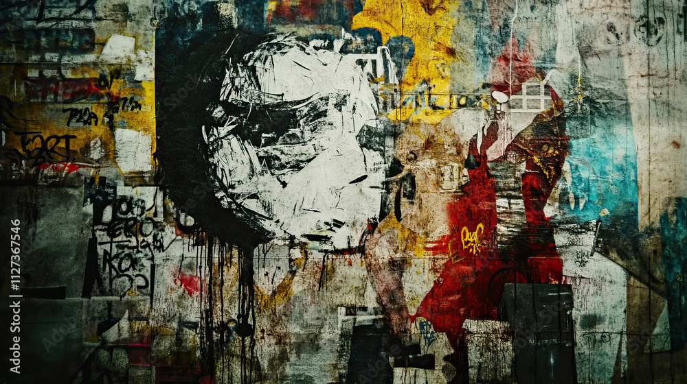 Fototapeta premium An Abstract Urban Wall Art piece showcasing vibrant and colorful graffiti designs and elements