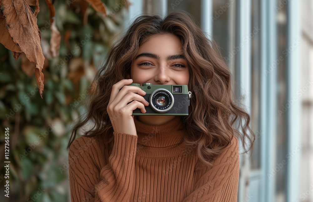 woman taking a photo with a retro camera outdoors in the forest woman taking a photo with a retro camera outdoors in the forest