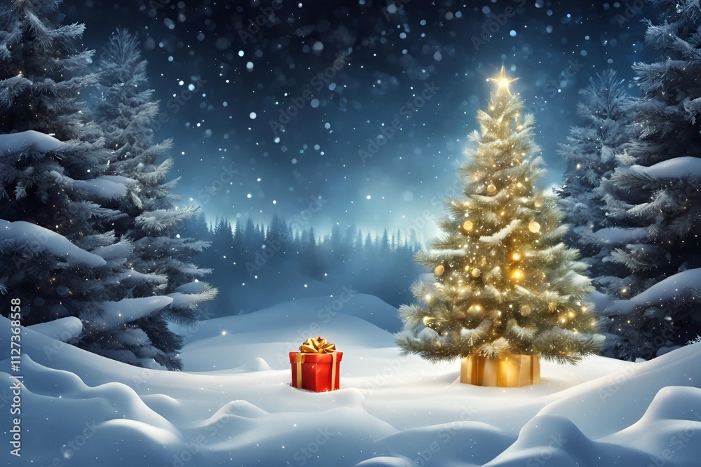 Christmas Tree On Snow At Night With Shiny Star And Gift Boxes In Winter Forest - Winter Abstract Christmas Tree On Snow At Night With Shiny Star And Gift Boxes In Winter Forest - Winter Abstract