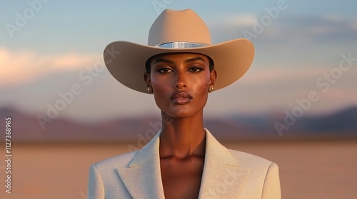 Stylish Woman in Cowboy Hat Desert Sunset Landscape