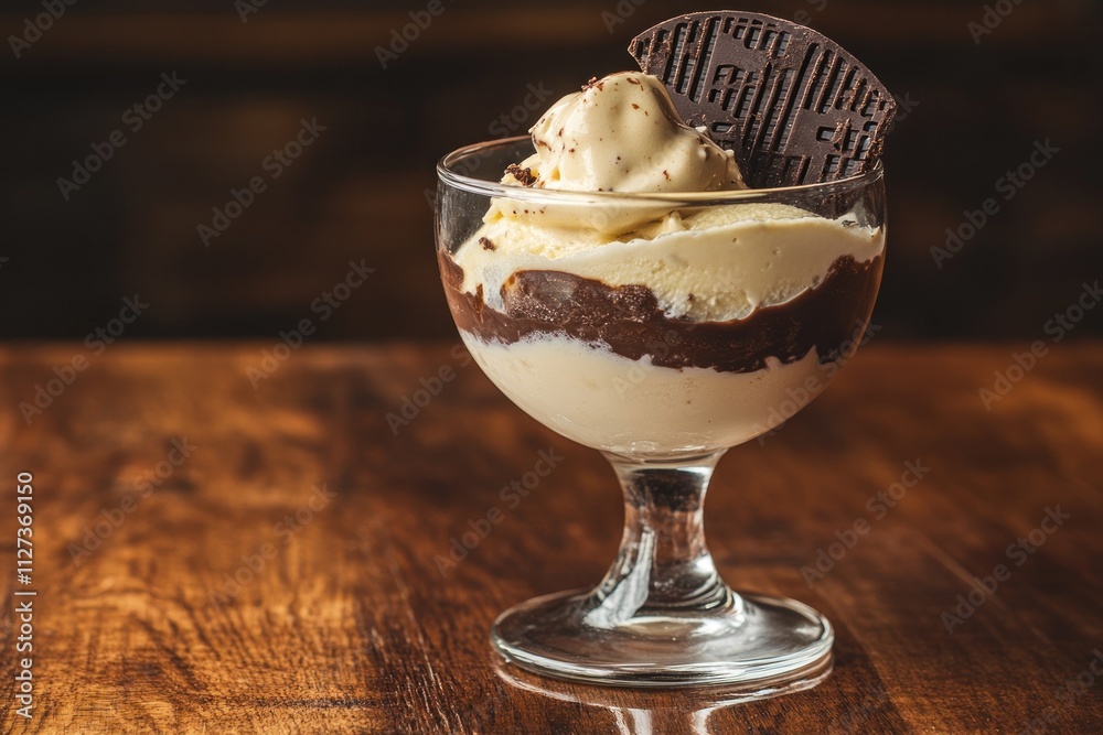 A delicious dessert featuring layers of chocolate and vanilla ice cream, topped with a cookie. A delicious dessert featuring layers of chocolate and vanilla ice cream, topped with a cookie.
