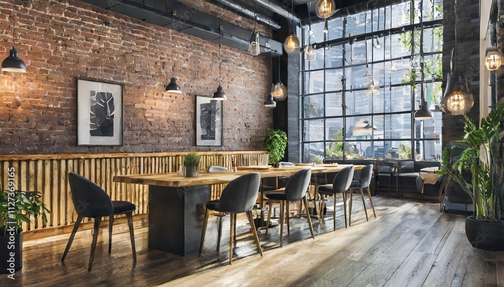 Naklejka premium Loft Style Modern Cafe Interior in New York A Chic Blend of Industrial Design and Cozy Atmosphere Perfect for Coffee Lovers and Creative Minds Seeking Inspiration in the City That Never Sleeps