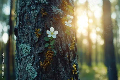 A close-up of a tree trunk adorned with white flowers and moss, illuminated by soft sunlight. photo